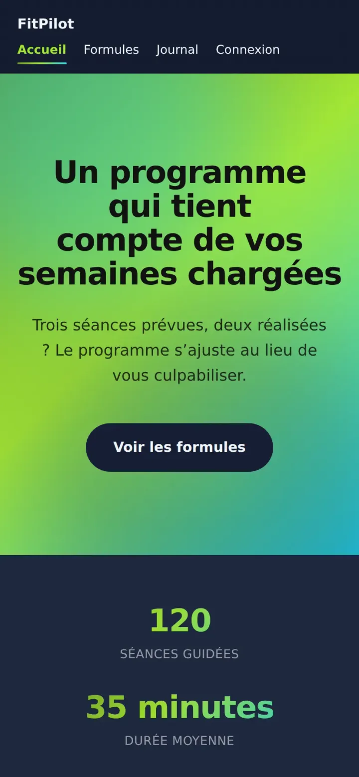 Interface sombre de FitPilot, application de suivi d’entraînement
