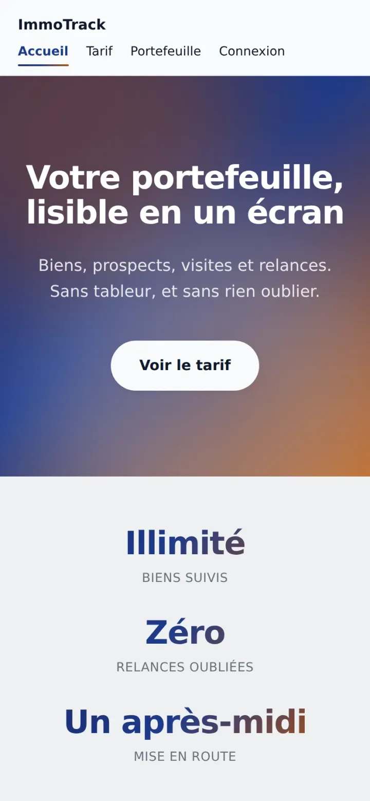 Tableau de bord sobre d’ImmoTrack, application de suivi immobilier