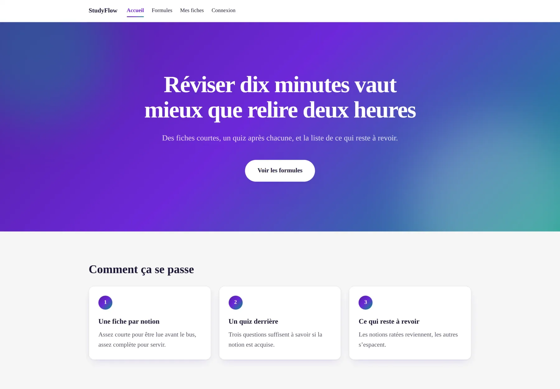 Page de StudyFlow, application de fiches de révision