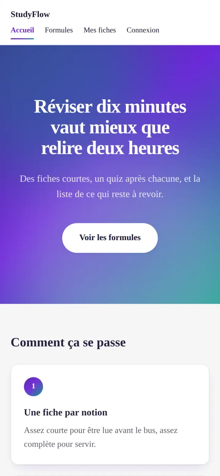 Page de StudyFlow, application de fiches de révision